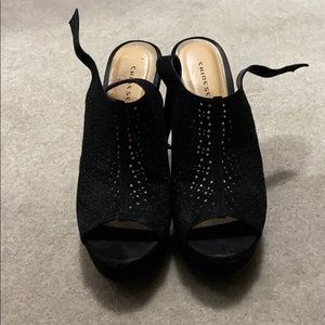 Black suede peep toe wedges